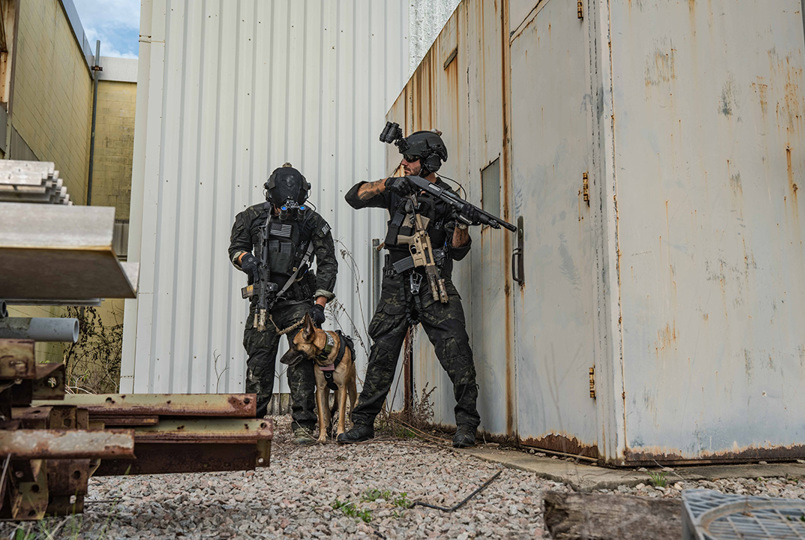 Two soldiers behind wall with dog and firearms