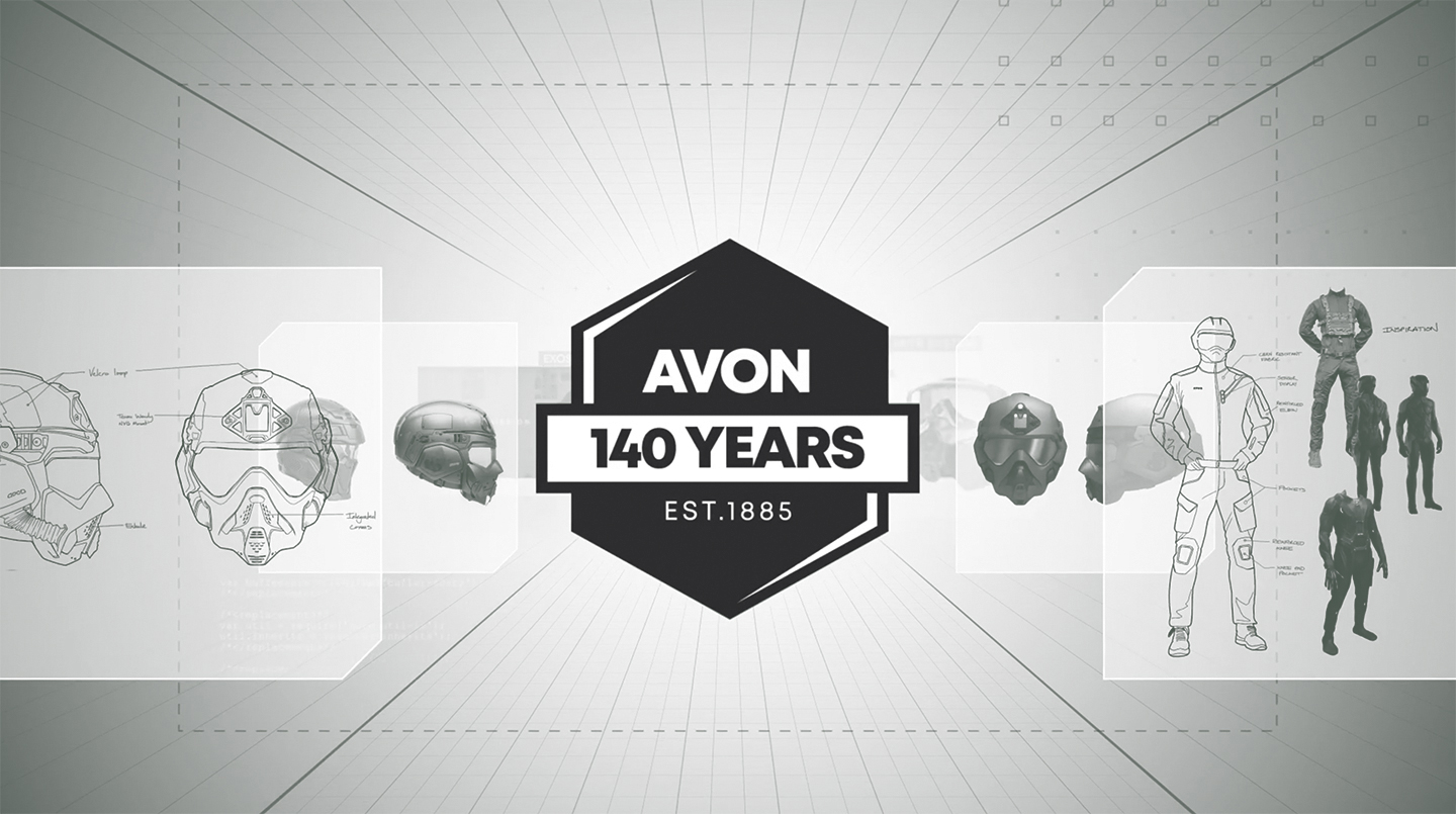 A graphic celebrating "Avon 140 Years, Est. 1885," featuring a central hexagonal logo surrounded by technical sketches and 3D renders of tactical helmets and suits.