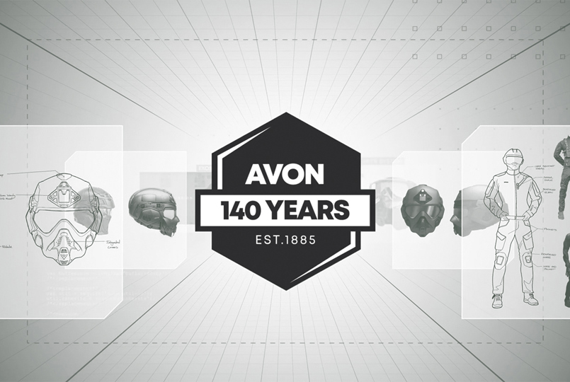 A graphic celebrating "Avon 140 Years, Est. 1885," featuring a central hexagonal logo surrounded by technical sketches and 3D renders of tactical helmets and suits.
